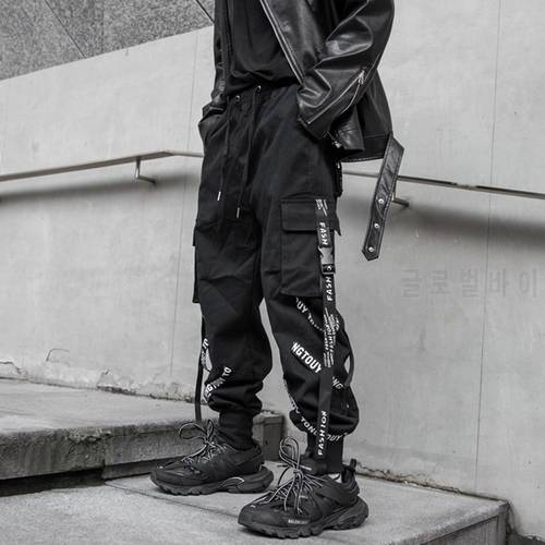 HOUZHOU Black Cargo Pants Men Joggers Cargo Trousers for Men Jogging Japanese Streetwear Hip Hop Hippie Techwear Gothic Ribbon