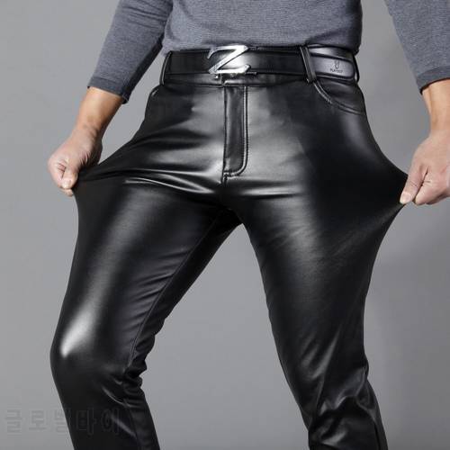 Spring Men Leather Pants Working Elastic Lightweight Smart Casual PU Leather Trousers Thin Motor Pants Plus Size