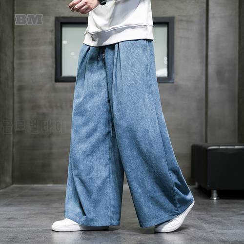 Chinese Style Retro Plus Size Wide Leg Pants Men Clothing Loose Oversize Corduroy Casual Pants Japanese Harajuku Trousers