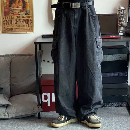 Retro punk washed loose black wide-legged trousers men casual hip-hop Harajuku high street trend Korean street blue jeans men