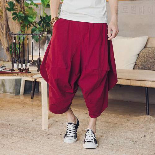 Men Harem Pants Crotch Joggers Solid Casual Trousers Men Loose Hip Hop Baggy 2020 New Calf-Length Cotton Men Wide Leg Pants