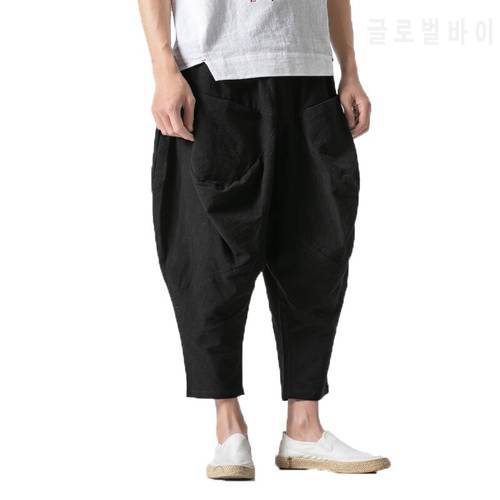 men Baggy Pants Big Crotch Trousers Elastic Waist Harem Pants Wide Legs Men Unsiex Hiphop cotton Line track pants Plus Size