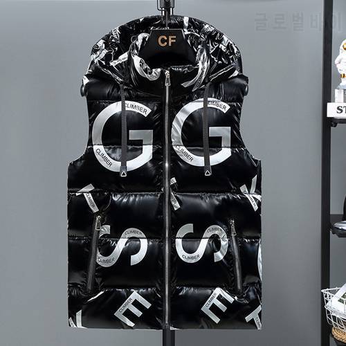 2022 Winter Thick Vest Men Hooded Hat Detachable Letters Printed Waterproof Male Comfortable And Warm Waistcoat Plus Size 5XL