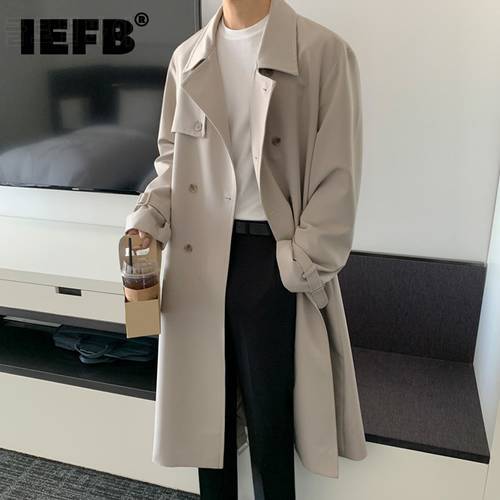 IEFB 2023 Autumn Mid Long Windbreaker Men&39s Korean Fashion Over Knee Loose Double Breasted Trend British Trench Coat With Belt