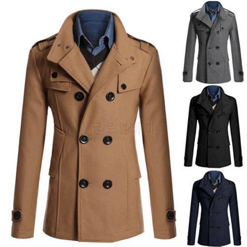 2021 Autumn Winter New Men Long Sleeve Lapel Collar Double-breasted Pockets Woolen Slim Trench Coat Male Slim Long Jacket