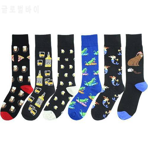 PEONFLY 1 Pair Men Socks Combed Cotton Colorful Funny Socks Beer Crocodile Crew Socks For Business Causal Dress Wedding Gift