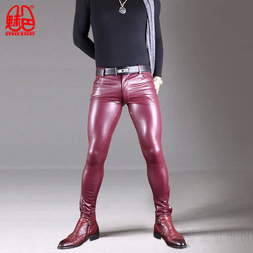 MEISE Men PU Pencil Pants Shiny High Elastic Tight Pants Faux Leather Glossy Breathable Long Pants Sexy Leggings Trousers NK31