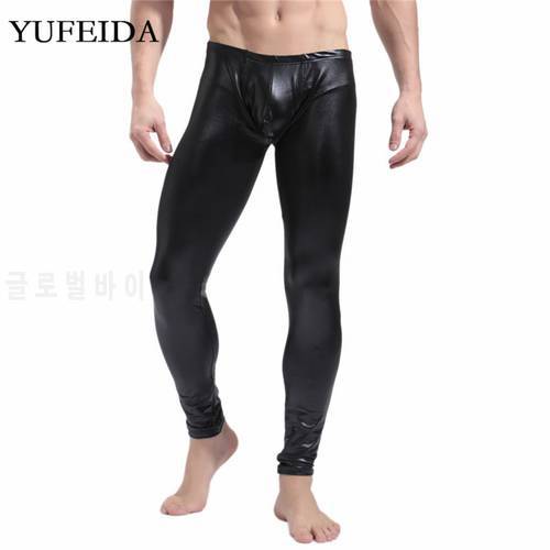 Sexy Mens Tight Pants PU Leather Wetlook Skinny Pencil Pants Stretch Leggings Dance Clubwear Long Trousers Streetwear Joggers