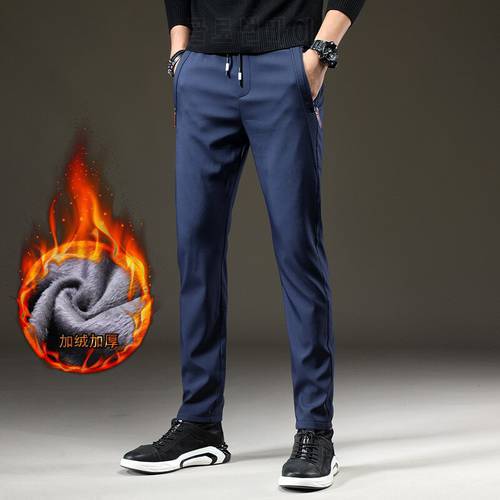 2020 Mens Winter Fleece warm Pants men Korean Casual Slacks Slim Warm thick Pants for men fashion Black gray blue Trousers male