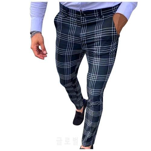 Men&39s Casual Autumn Plaid Pants Skinny Pencil Pants Zipper Elastic Waist Pants Business Trousers Suit Male Fashion
