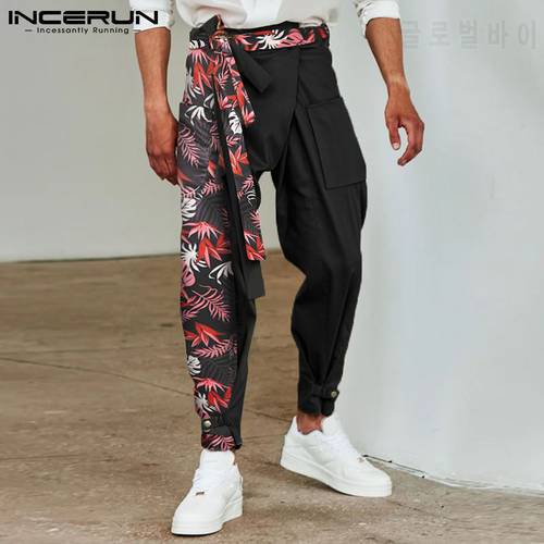Men Pants Print Patchwork 2022 Lace Up Joggers Loose Pockets Casual Irregular Trousers Men Streetwear Harem Pants S-5XL INCERUN