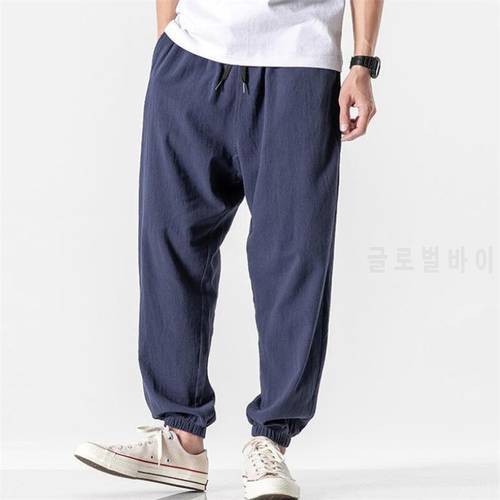 Men Cotton Linen Pants Summer New Casual Trousers Harajuku Style Solid Color Loose Jogging Pant Ankle-length Tide Men Sweatpants