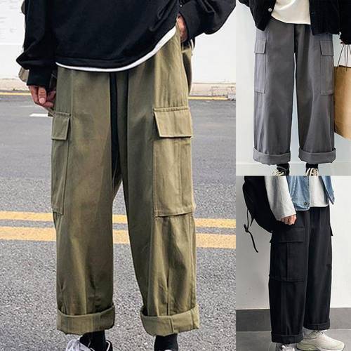 Men Pants Loose All Match with Pockets Khaki Oversize Cargo Pants for Daily Wear