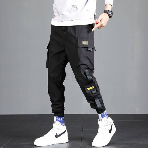 Harajuku Ribbons Harem Joggers Men Cargo Pants Fashion Drawstring Trousers Streetwear Hip Hop Casual Pockets Track Pants