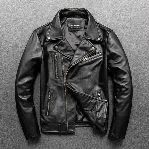 Free shipping.Brand cool classic rider black slim genuine leather jacket.men quality fashion cowhide coat.Plus size.dropship