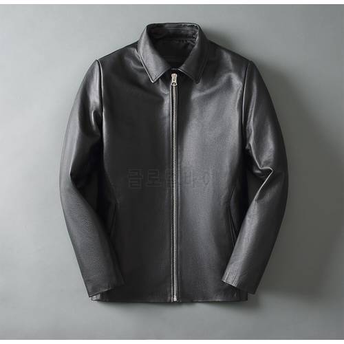 2022 Men&39s Black Thin Leather Jacket Spring Autumn Soft Top Leather Loose Jacket Brown Lapel Natural Calfskin Classic Jacket