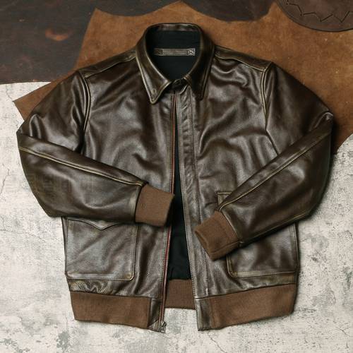 Free shipping.Men quality Army green tea core cowhide A2 jacket.Classic bomber genuine leather coat.Vintage style leather