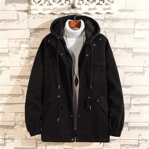 Mens Coats 2023 Autumn And Winter Wool Blends Vintage Black Khaki Jacket Japan Fashion With Hooded Clothes