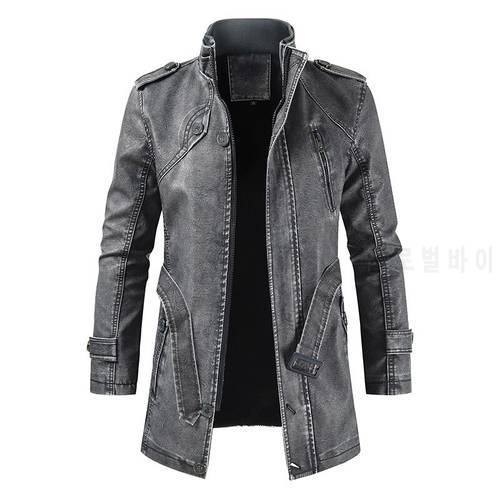 Coats Men Autumn Winter Fashion Mid-length Trench Faux Leather Jacket Adjustable Waist Stand Collar Slim Matte High Street Coat