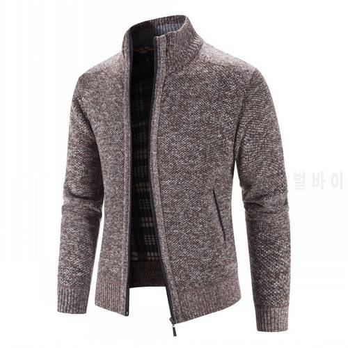 2022 Autumn Winter Men Solid Color Stand Collar Cardigan Sweater Male Zippered Warm Casual Fleece Knitted Sweater Jacket