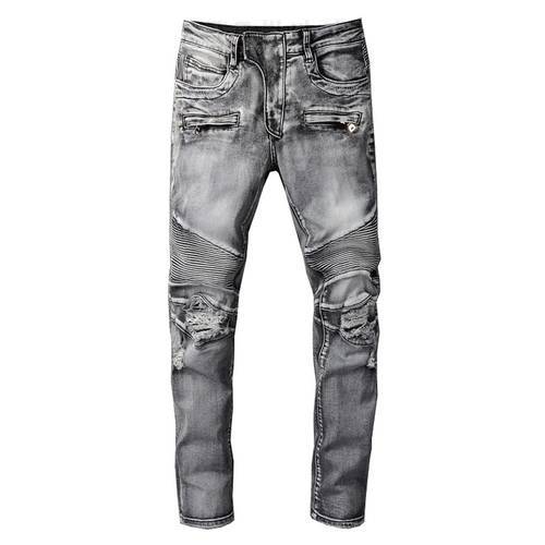 Men&39s Biker Jeans Holes Ripped Gray Stretch Denim Pants Streetwear Slim Fit Pleated Destroyed Trousers