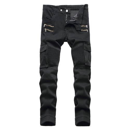 Men&39s Pockets Cargo Biker Jeans Slim Straight Stretch Denim Pants Zippers Pleated Trousers Black Army Green