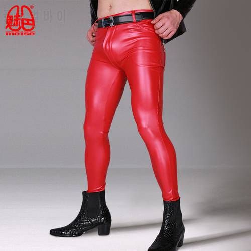MEISE Men PU Faux Leather Pencil Pants High Elastic Tight Trousers Shiny Smooth Male Pencil Pants Stage Costume Gay Wear NK38