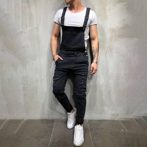 Fashion Mens Solid Colors Streetwear Ripped Pocket Suspender Jeans Distressed Slim Denim Pants Trousers Jumpsuit Overallsg3