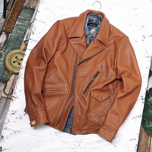 Free shipping.men quality light brown rider leather jacket.Classic style cool popular slim Buffalo hide coat,fashion biker