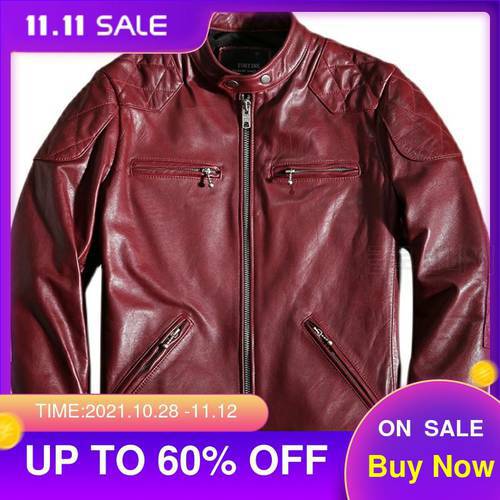 2022 Red Genuine Leather Jacket Men Stand Collar Plus Size 5XL Real Natural Sheepskin Autumn Slim Fit Short Biker Coat