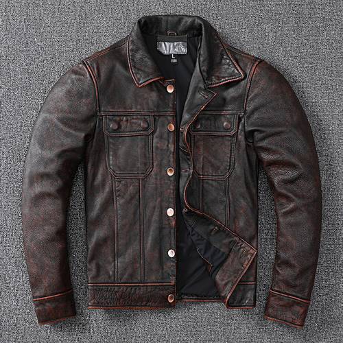 New Vintage Brown Workwear Style Cowboy Genuine Leather Jacket Natural Cowhide Coat Men&39s Stone Mill Old Style Clothes