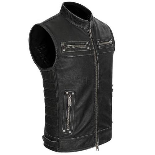 Mens Real Leather Stand Collar Motorcycle Biker Waistcoat Vest Genuine Leather Cowhide Vintage Zipper Pockets Sleeveless Jackets