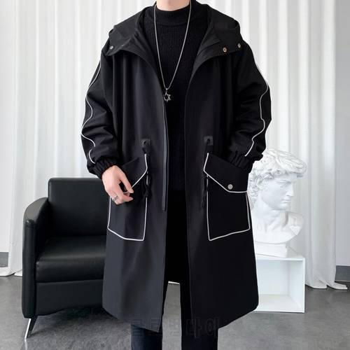 Streetwear long men&39s jacket spring autumn casual windbreaker man trench coat fashion hooded men&39s long coat