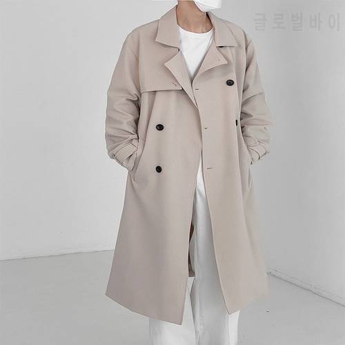 Korean Style Suit Collar Double Breasted Trench Men Autumn Casual Mid-Length Coat Men&39s Fashion Loose Long Sleeve Male Tops