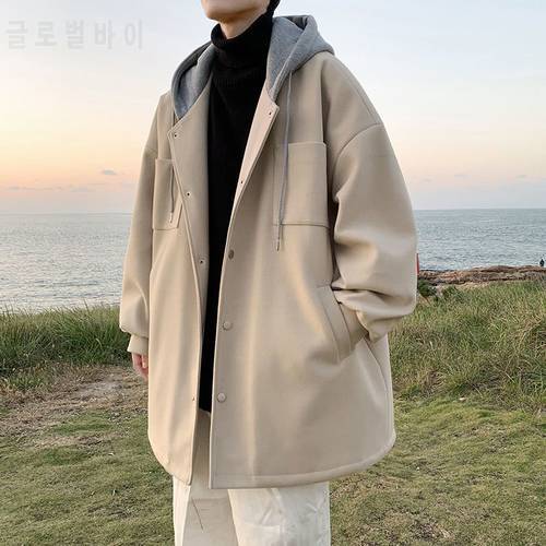 Hooded Woolen Coat Men Winter Clothe New Thick Loose Casual Jacket Hong Kong Style Preppy Handsome Unisex Mid-Length Windbreaker