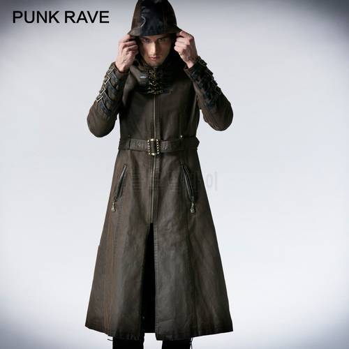 PUNK RAVE Steampunk Winter Vintage Metallic Bronze Belt Stylish Men Hooded Long Coat Coffee Twill Leather Loops Hooded Trench