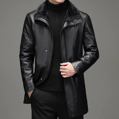 Haining Leather Men&39s leather jacket autumn and winter medium length leather windbreaker warm fur one-piece coat