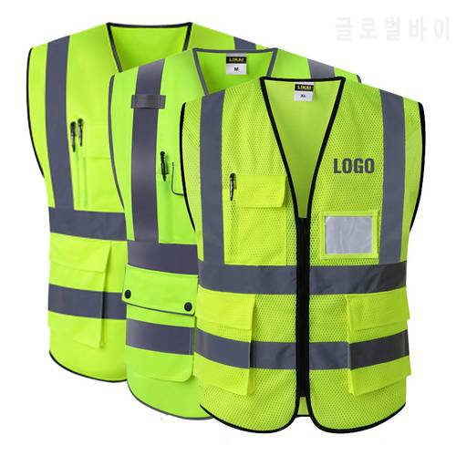 Safety Vest Class 2 High Visibility Front Closure Zipper With Multi Function Pockets Reflective Strips Construction Outdoor Men