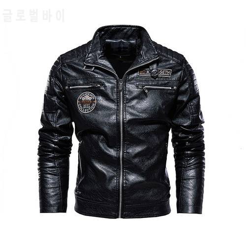 New Leather Jacket Men Winter Fleece Motorcycle Jacket Male Stand Collar Casual Windbreaker Slim Coat
