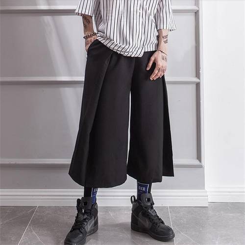 Men&39s trousers summer casual loose wide-leg shorts men&39s trousers seven minutes culottes false two black Yamamoto style