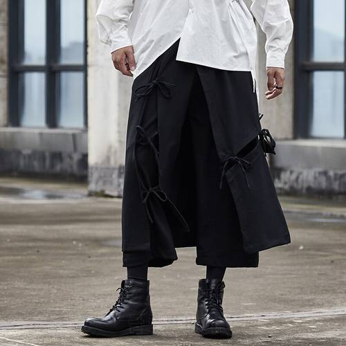 Men Women Ribbon Loose Casual Black Wide Leg Pan Male Japan Streetwear Hip Hop Gothic Punk Harem Trousers Kimono Skirt Pant