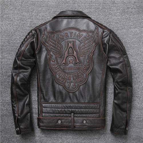 New Ooblique Zipper Vintage Brown Style Genuine Leather Jacket Men&39s Really Natural Cowhide Motorcycle Style Slim Jackets Coat