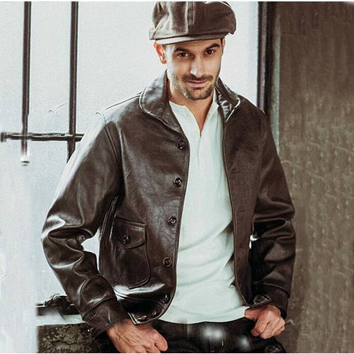 Free shipping.Classic vintage brown Cossack style leather jacket.men casual Us Oil cowhide coat.Slim leather cloth quality