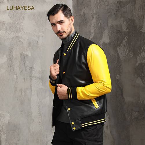 New Black Yellow Men Genuine Leather Jackets Autumn Real Sheepskin Clothing Casual Baseball Leather Overcoats