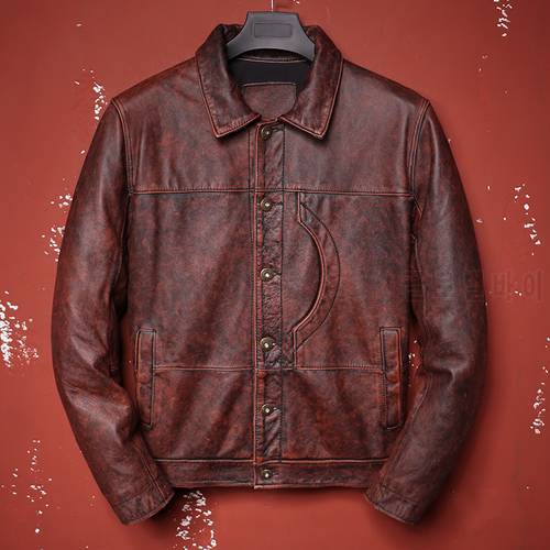 2021 New Vintage Brown Style Men&39s Genuine Leather Jacket Cowhide Slim Cowboy Coat Short Fashion Personalized Clothes Size S-4XL