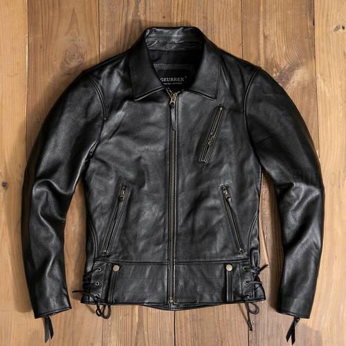 Free shipping.2021 Brand new style motor rider cowhide jacket.Men black Genuine leather slim coat.plus size quality leather