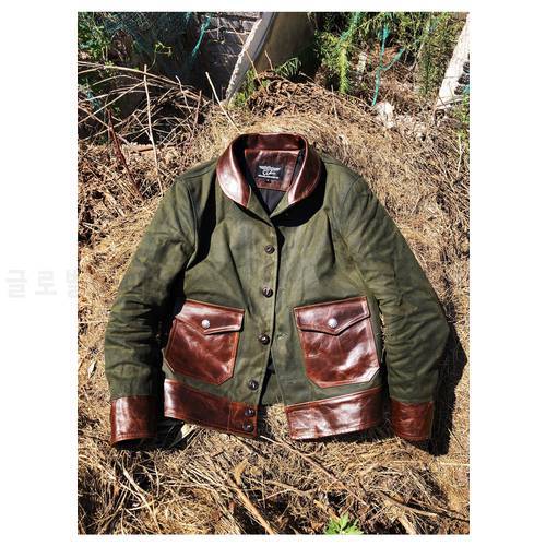 Free shipping.Vintage style Classic casual leather jacket.Men 18OZ heavy Oil wax canvas coat.quality slim Spliced leather cloth