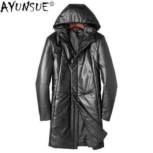 AYUNSUE Winter Leather Jacket Men Genuine Sheepskin Leather Jackets Men&39s Hooded Black Down Coats Male Jaqueta De Couro SQQ293