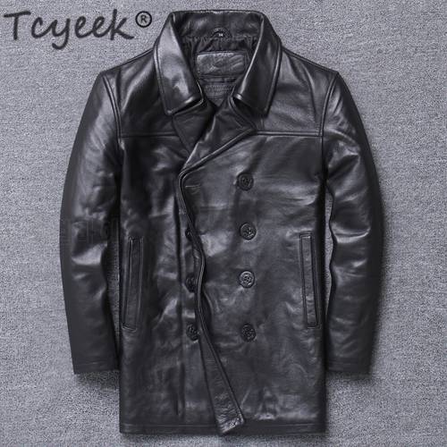 Tcyeek 100% Real Cow Leather Jacket Men Clothes 2022 Streetwear Fashion Men&39s Leather Jacket Long Genuine Leather Coats V-1803