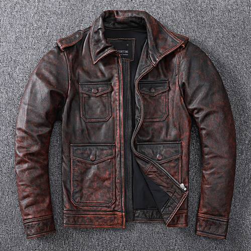Free Shipping Vintage Brown Genuine Leather Jacket Men Natural Cowhide High Quality Coat Hunting Clothes Style